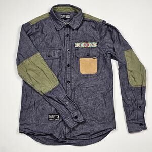 IZZUE IZ-X04-ARMY Denim Shirt Small (S) Military Patches Beaded Aztec Union Made